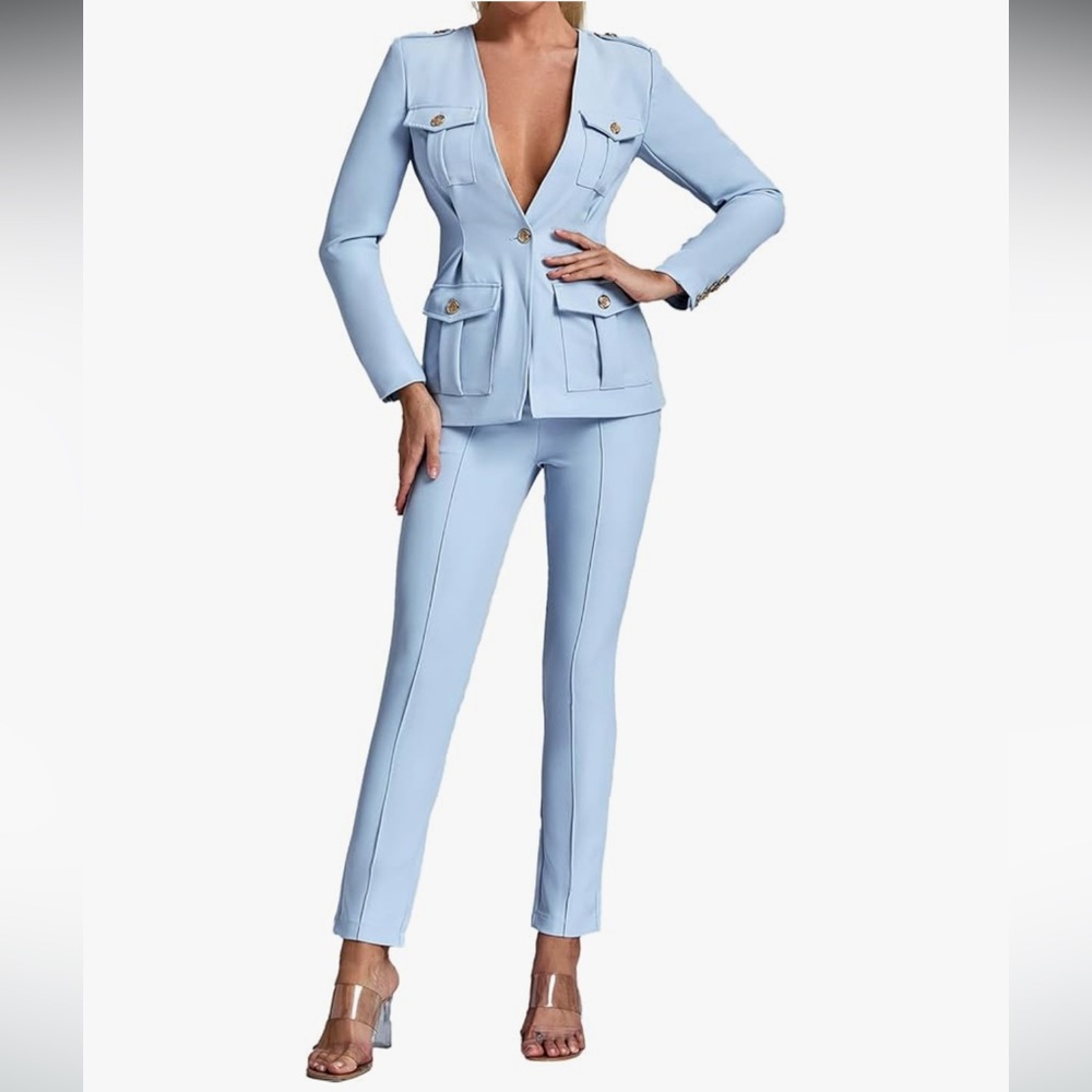 Bella Barnett Light Blue Women's Jacket and pants set with Gold Buttons